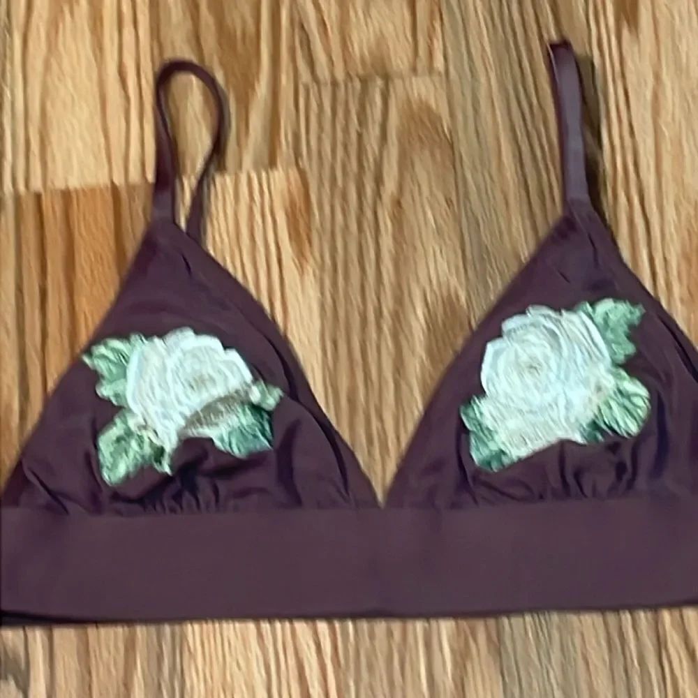 PINK Embroidered Roses, Mauve Triangle Bralette, Large - Picture 2 of 5
